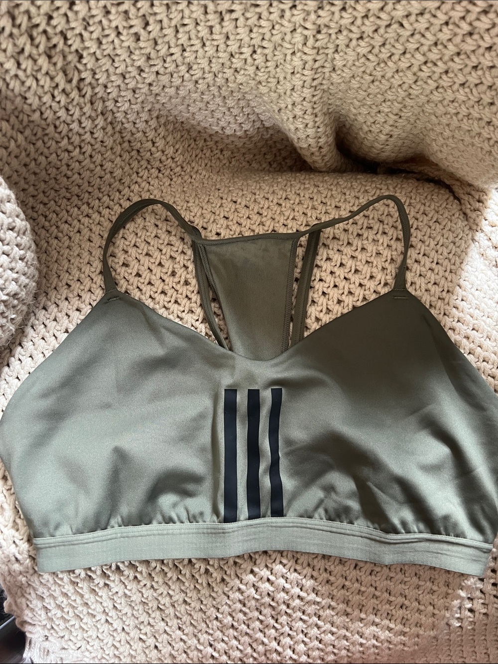 adidas Originals Olive Green Racerback Sports Bralette with Black Three-Stripe